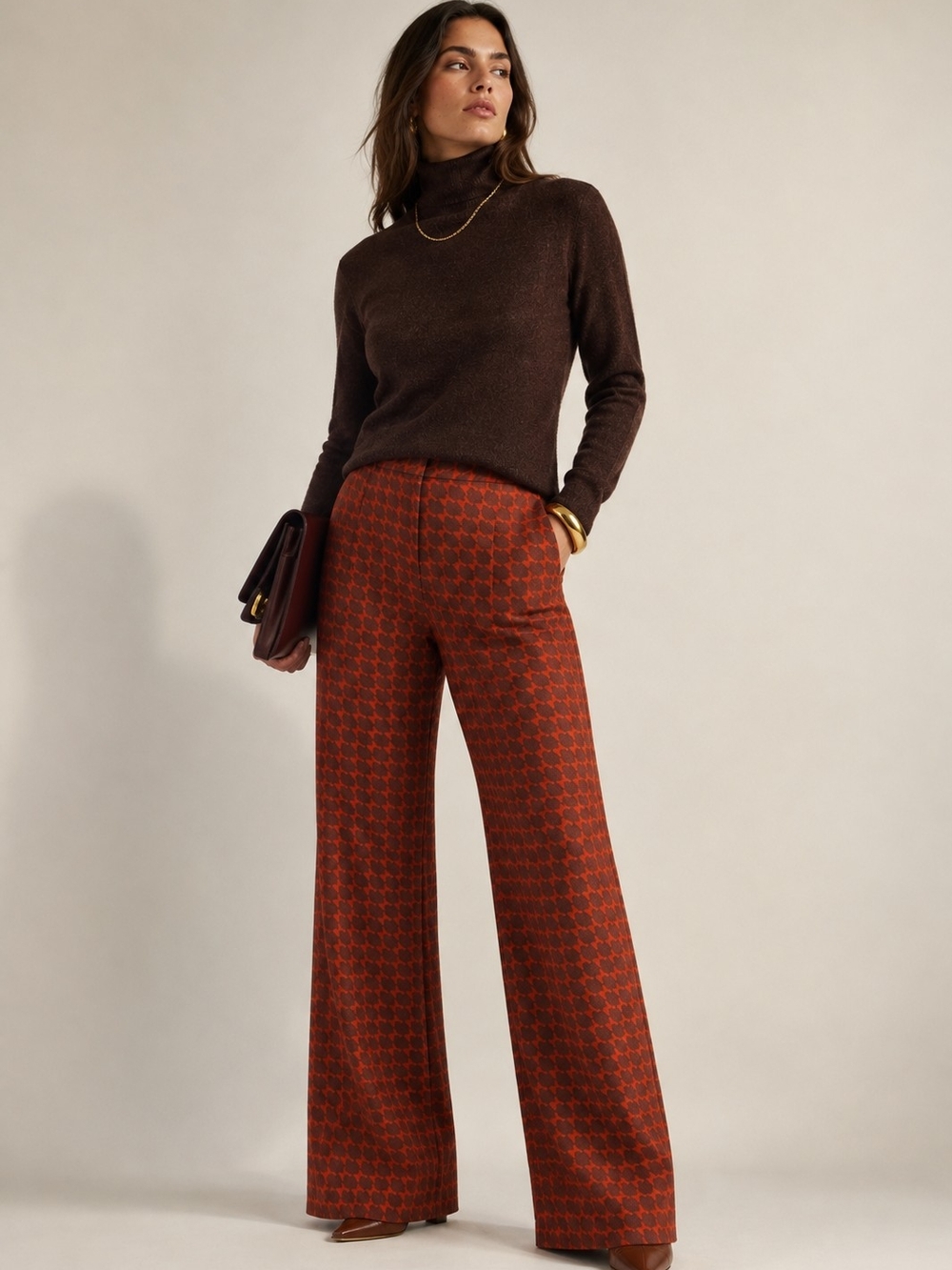NWT LOLA CASADEMUNT Spain Wide Leg Satin Houndstooth Caramelo Trousers Pants L